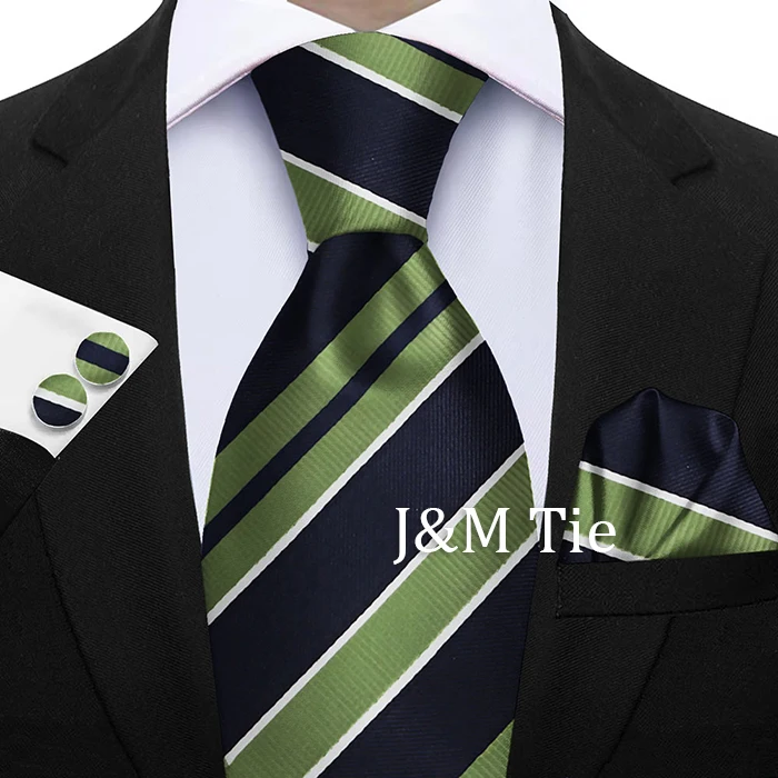 Krawatten für Männer, modisches Salbeigrünes Herren-Krawatten-Set, gestreifte Krawatte, Taschentuch, Manschettenknöpfe, 3-teilig, Business-Hochzeitsanzug, Accessoires, Geschenk – Detail 13