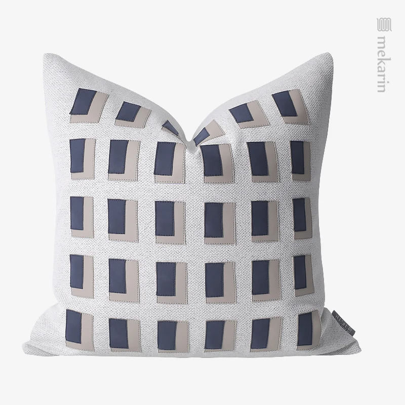 

Cotton and linen square stitching leather three-dimensional cushion farmhouse home decor Japanese style throw pillow
