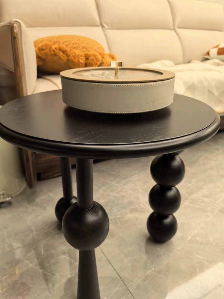 French Light Luxury Walnut Coffee Table Vintage Round Storage End Table Solid Wood Sofa Nightstand Living Room Bedside Accent