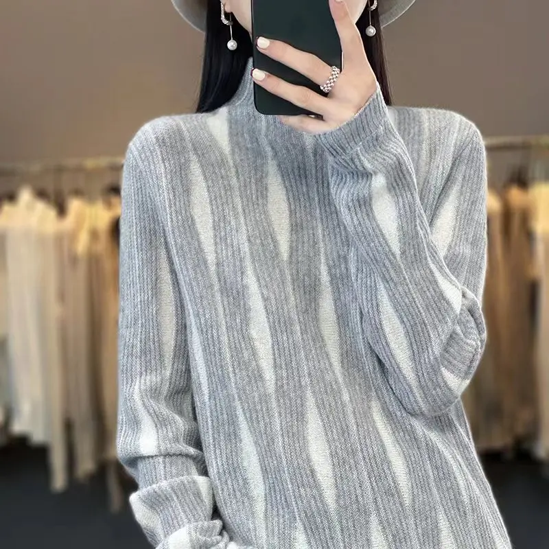 

Women's Casual Knitwear Top, 100% Wool Sweater, Mock Collar, Loose Tops, Stripe Blouse, Ladies Clothes, Autumn, Winter, New