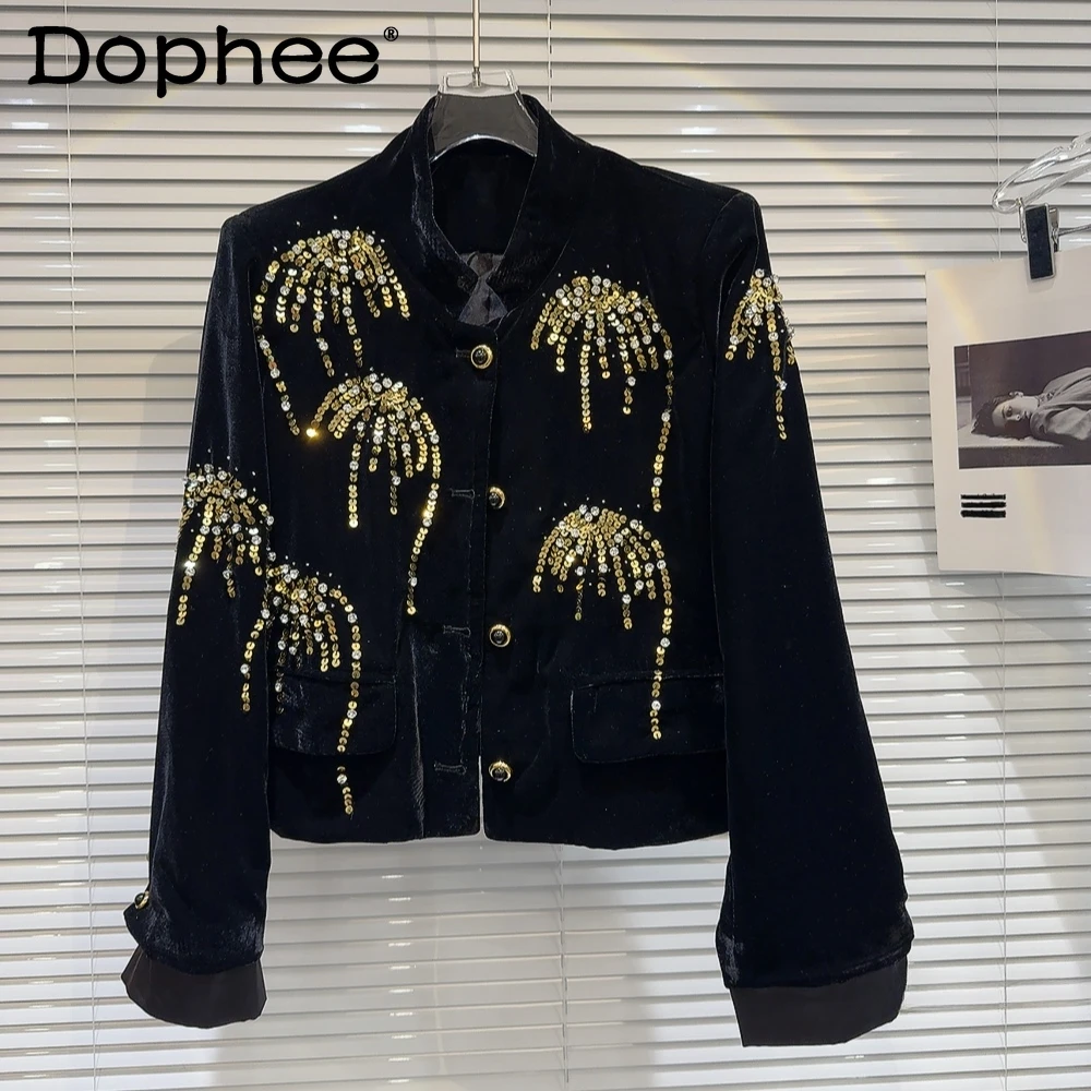 

2024 Spring New Niche Sequined Fireworks Embroidered Pattern Velvet Stand Collar Short Coat for Women Crop Black Jacket