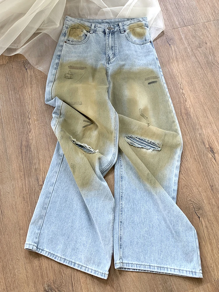 

Y2K Ripped Holes Baggy Jeans Women High Waist Wide Leg Denim Pants Cargo Pants Girls Loose Casual 2024 New Trendy Trousers Jeans