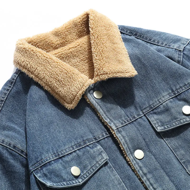 Men Fashion High-End Denim Outcoat Winter Youth Plus Velvet Thicken Lamb Wool Denim Jacket Casual Lapel Large Size Outwear