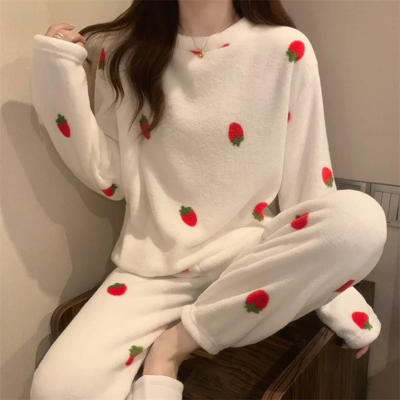 

Liba Sin Women Thicken Warm Fleece Sets Strawberry Printed Velvet Cute Set Loose Two Pieces Pajama Sets Women 2023 Autumn Winter