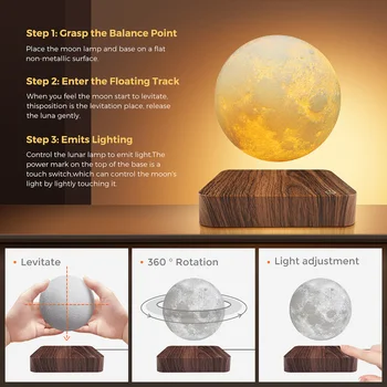 Magnetic Floating Rotating Moon Lamp with Wooden Base, 3 Color Temperature LED Night Lights of Print 3D for Unique Gifts, Room 3