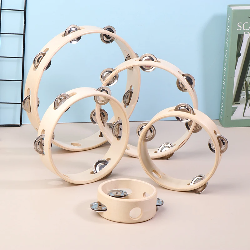 4/6/7/8/10Inch Hand Drums Toys Education Orff Musical Instrument Tambourine Hand Cranked Bell Single Row Wooden Tambourine Rings