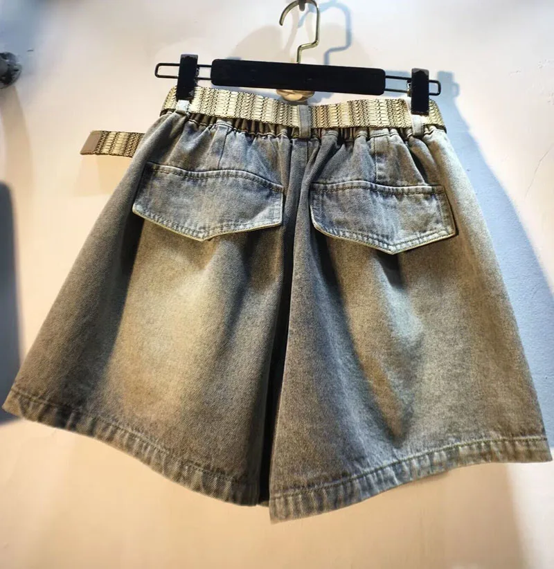Europe 2023 New Summer Vintage Pockets All-match Beading High Waist Women Denim Shorts Short A-line Loose Wide Leg Jeans Casual