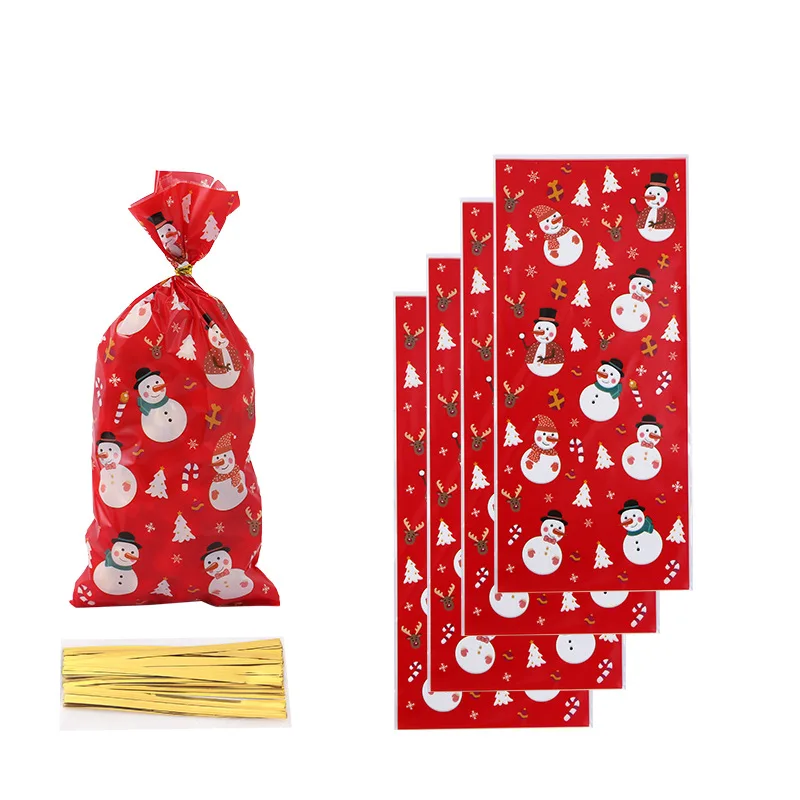 Christmas Gift Bags 50Pcs Merry Christmas Plastic Candy Cookie Bags Xmas Tree Snowflake Santa Claus Decorations