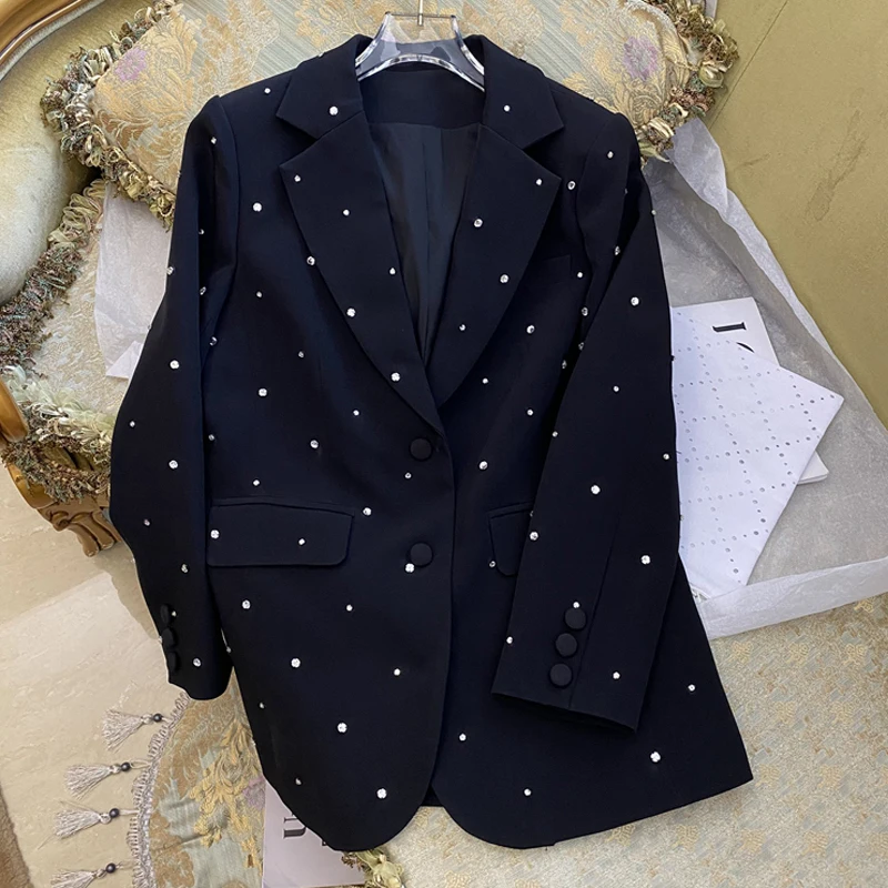 

High Fashion Brand Newblack Suit Full Diamonds Beaded Heavy Industry Coat Women 2024 Fall Winter Oversize Top Brand Clothes