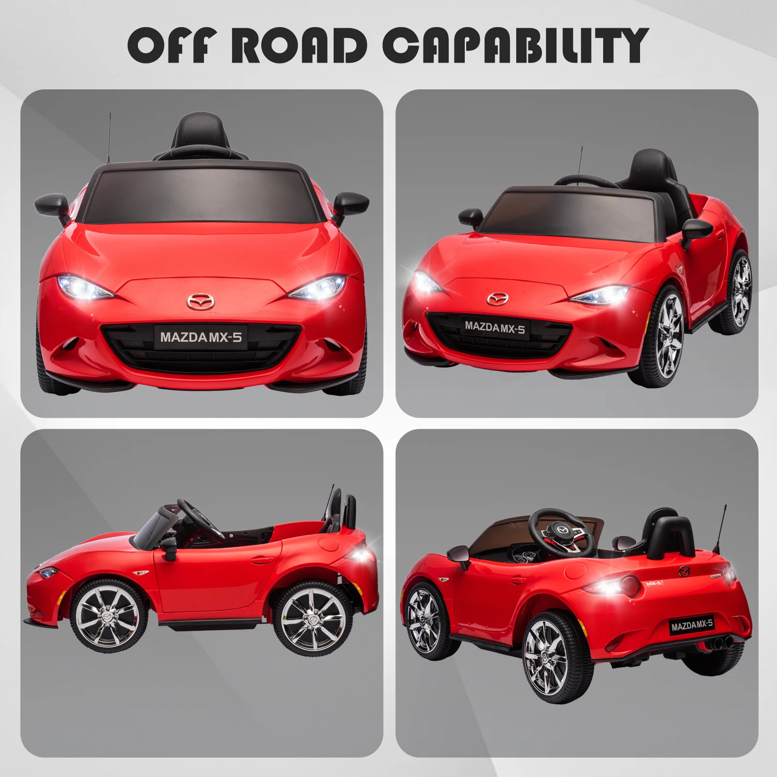12V Dual Drive Kids Electric Ride on Car, Licensed Mazda MX-5 with Parent Remote, LED Light, Swing Function, One-Key Start