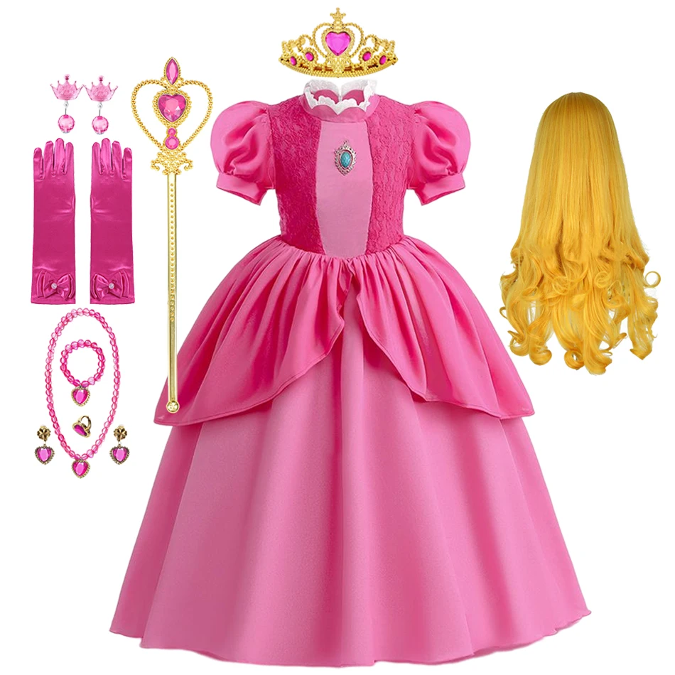 Peach Princess Cosplay Dress Girl Game Role Playing Costume Halloween