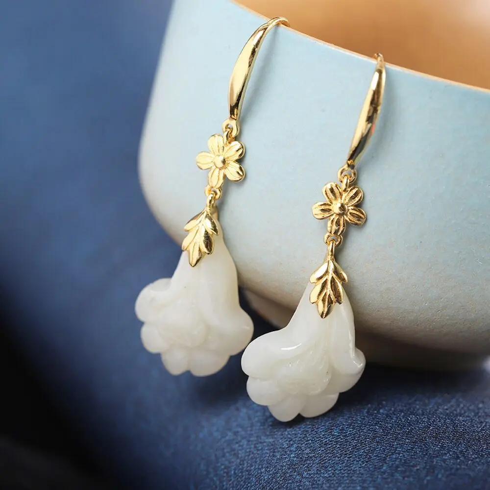 

Pure S925 Sterling Silver Natural Nephrite Jade Magnolia Flower Dangle Earrings