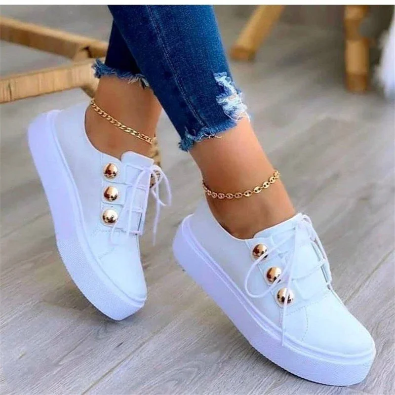 2024 Fashion Women Round Toe Platform White Shoes Plus Size 43 Casual Shoes Women Lace Up Flats Women Loafers Zapatos Mujer