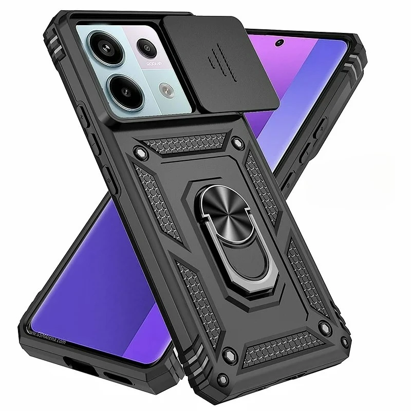 Shockproof Armor Protective Case with Slide Lens Protector and Magnetic Ring Holder