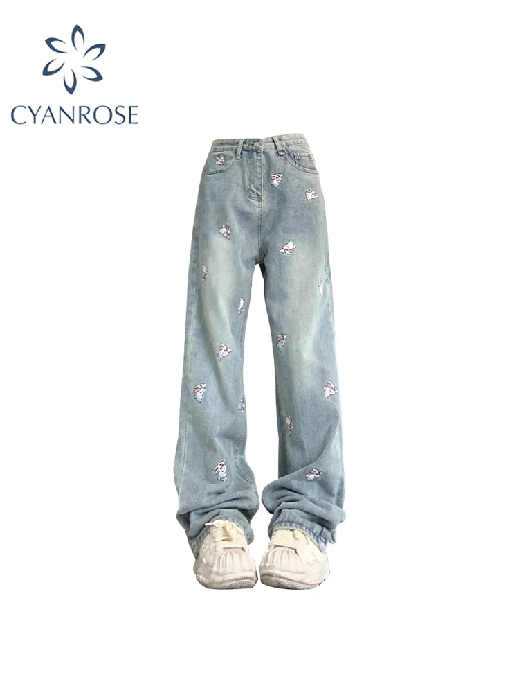 

Women's Blue Baggy Jeans Harajuku Vintage Emo 2000s Y2k Embroidery Denim Trousers High Waist Wide Cowboy Pants 90s Clothes 2023