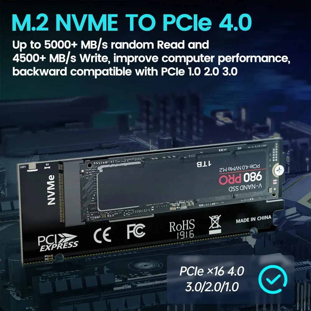 M.2 to PCIE X16 Adapter 2280/60/42/30 NVMe SSD to PCIe 4.0 3.0 GEN4 64Gbps Expansion Card for Desktop Motherboard PC