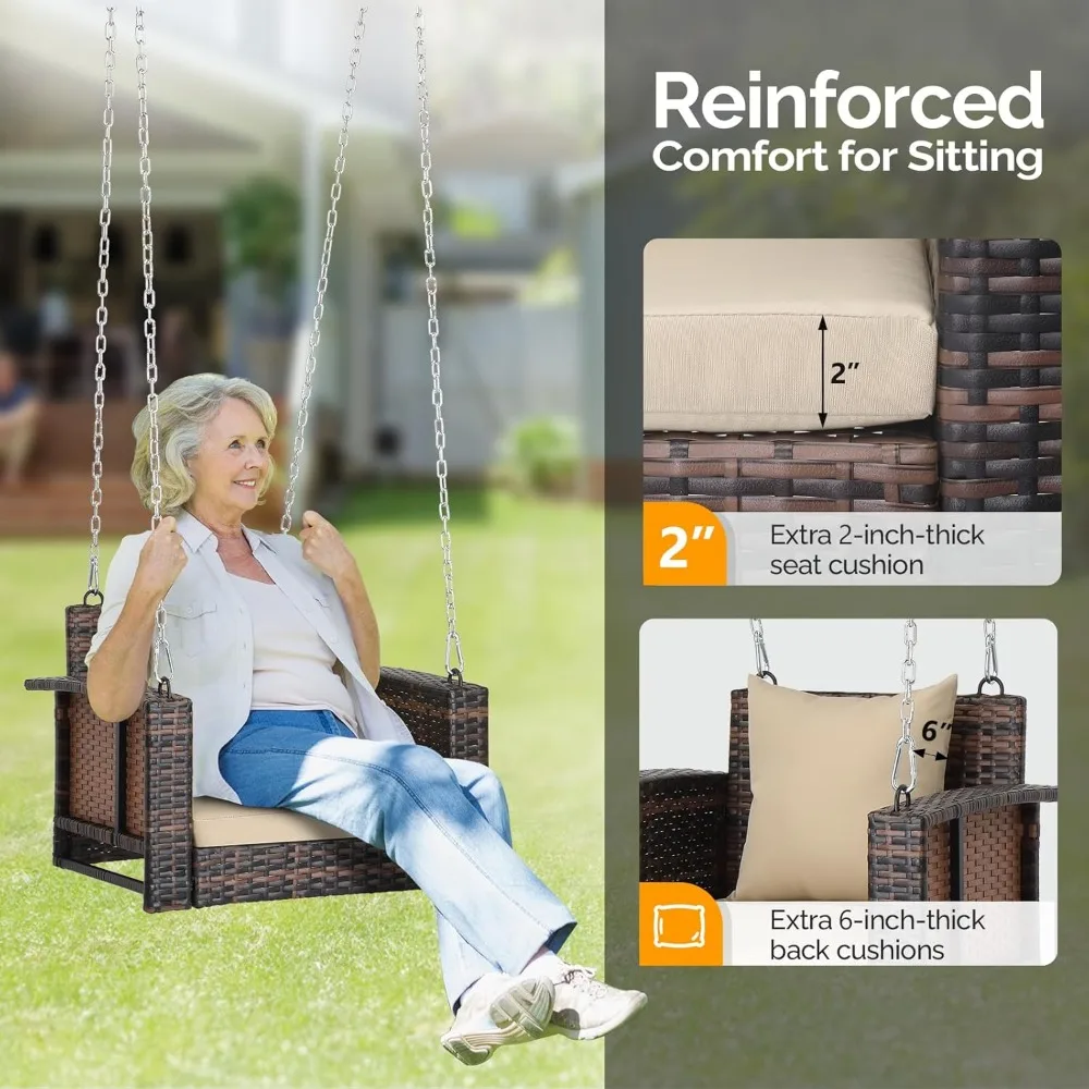 2.2 FT 1-Person Use Rattan Porch Swing Outdoor Support 440 LBS with Cushions & Adjustable Chains, Patio Wicker Swing Bench Chair 3