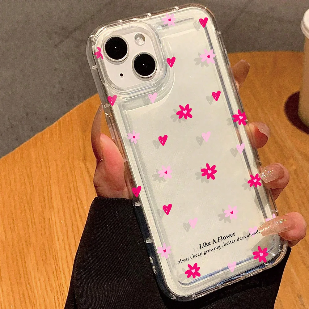 Pink Flowers Heart Print Clear Phone Case - Soft Cover