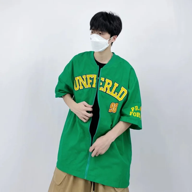 

Green Letter Flocking Embroidery Zipper V Neck Baseball Uniform Shirt Men Hip Hop Cardigan 2022 Summer Korean Casual Shirts New