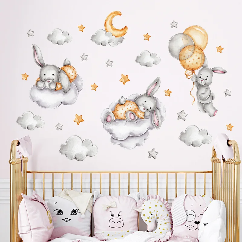 Cartoon Rabbit 3D Stars Clouds Nursery Decals for Kids Room