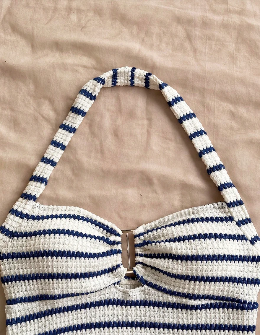 Women's Striped Knit Halter Neck Two-Piece Set, Summer Sleeveless Short Top and High-Waisted Shorts Beach Vacation Set 4
