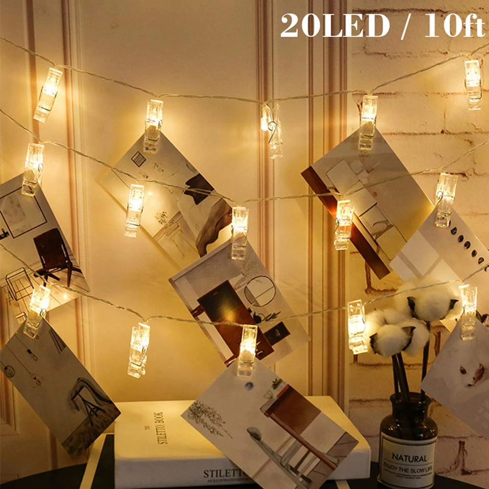 LED 사진 클립 스트링 조명, 그림 카드 걸이용 AA 배터리 전원, 침실 벽 장식, 1m, 3m, 6m
