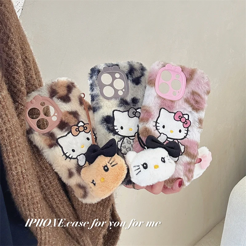 Cartoon Sanrio Leopard Print Phone Case for iPhone 14 with Kickstand