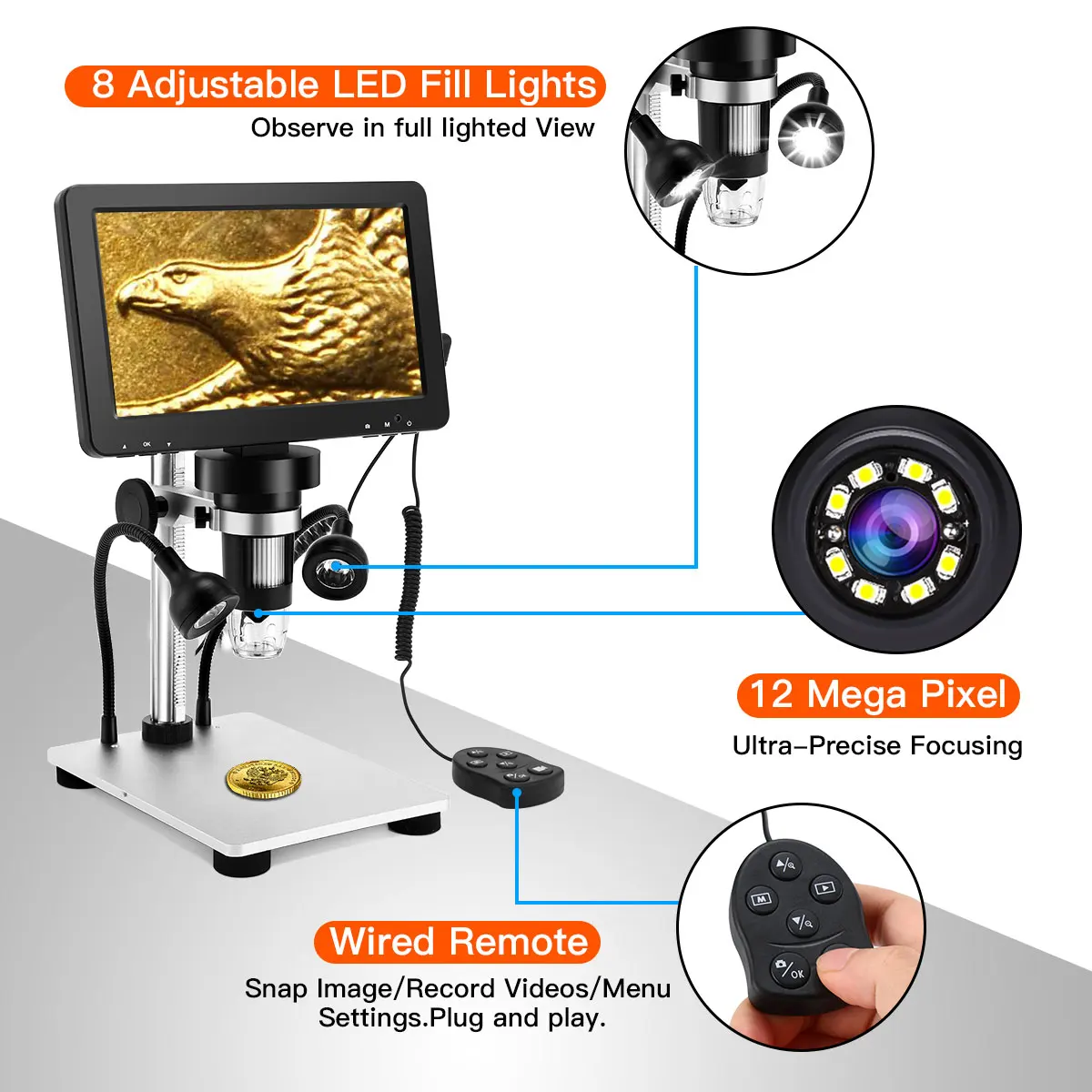 TOMLOV DM9 7" LCD Digital Microscope Camera 1200x Magnification Handheld Microscopio Video Recorder 1080P Scope Soldering Tool 2