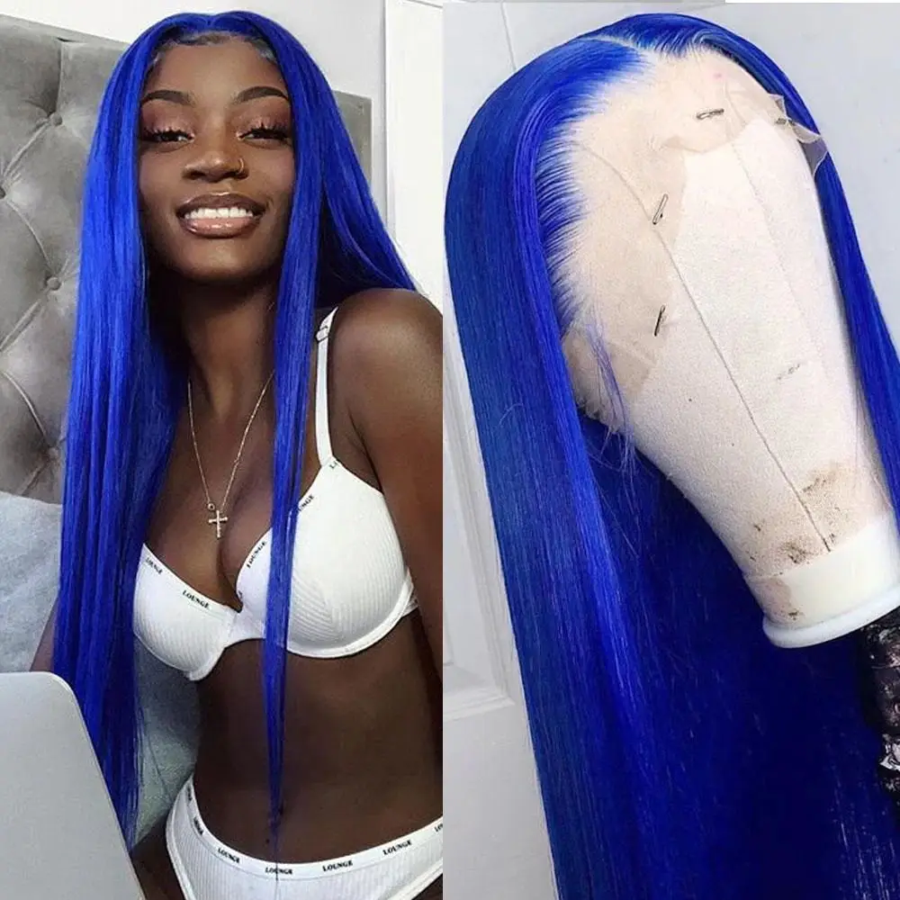 

FANXITION Blue Long Silky Straight Synthetic Lace Front Wigs with Middle Part Natural Hairline Heat Fiber Hair Cosplay Party Wig