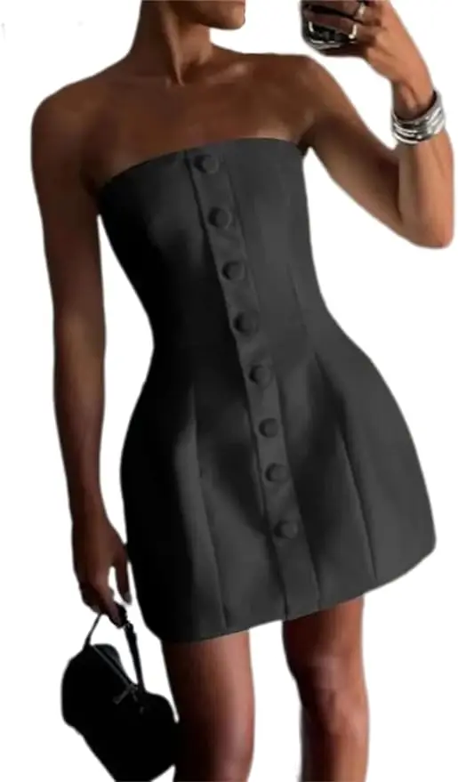 

Women Button Down Tube Dress Single Breasted Skinny Party Tunic Dress Strapless A-line Sexy Mini Dress