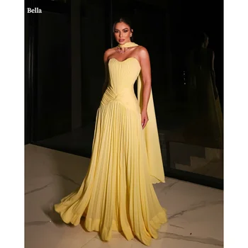 Bella Customized Yellow Strapless Pleated Ruched Bodice Cape Elegant Fitted Flowy Maxi Skirt Party Dresses robes de soirée 2025 1
