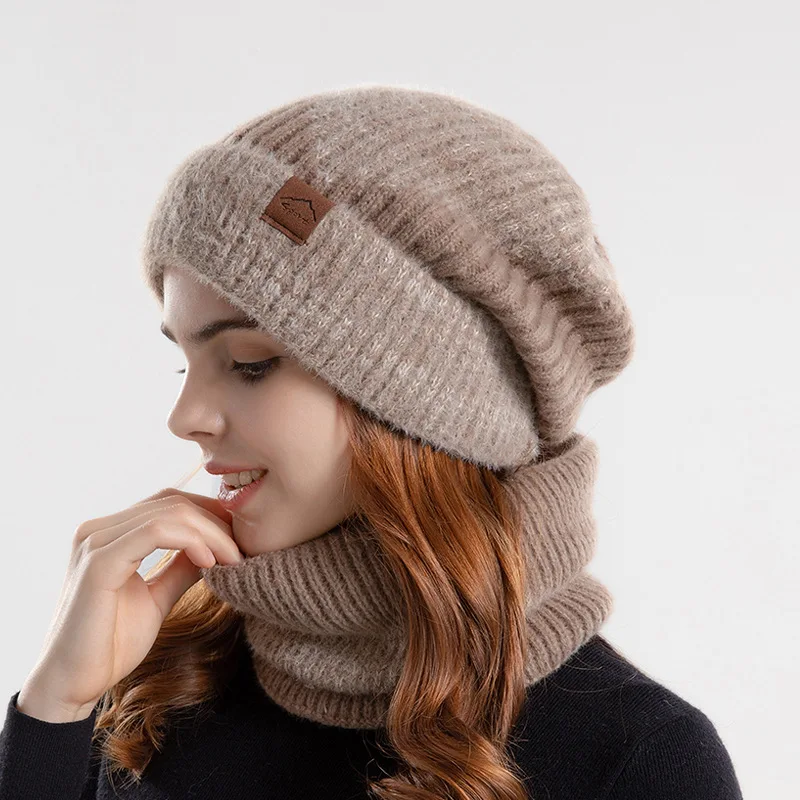 Winter Beanies Snood Sets Two Color Knitted Hat Female Casual Outdoor Balaclava Thicken Soft Warm Fur Scarf Cap Hats For_voghion.com