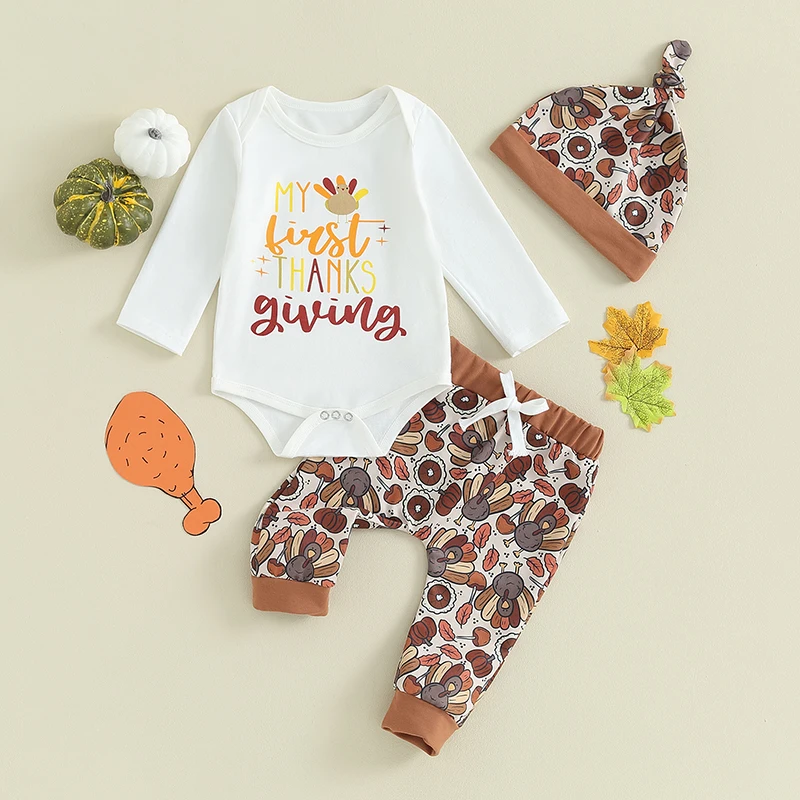 2023-08-24 Lioraitiin 0-18M Newborn Baby Boy Thanksgiving Outfits Turkey Long Sleeve Romper Turkey Pants Hat Infant Fall Clothes