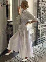 Oymimi Elegant White Lapel Women's Dress Fashion Three Quarter Sleeve Pockets Dresses Casual Button Pleated Ankle-Length Dresses - Image 4