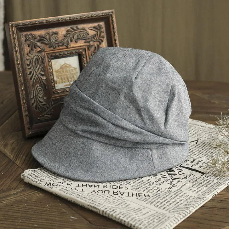 Japanese Cotton Linen Pleated Women Bucket Hat Small Brim Summer
