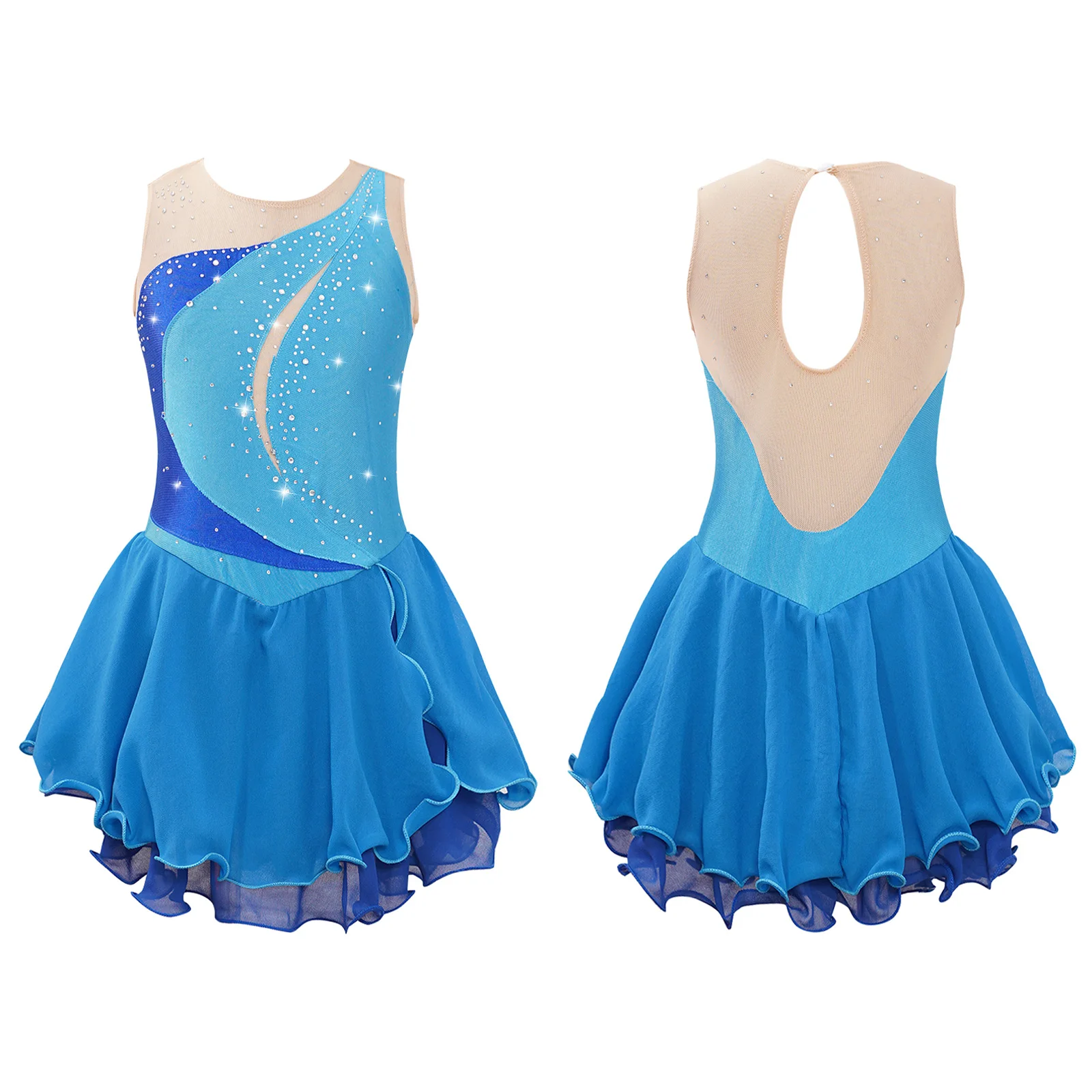 thumbnail image 1 of Traje de patinaje sobre hielo para niñas con brillantes diamantes de imitación, maillot de ballet, vestido de baile lírico con dobladillo irregular, vestido de tutú y leotardo, 1 of 5