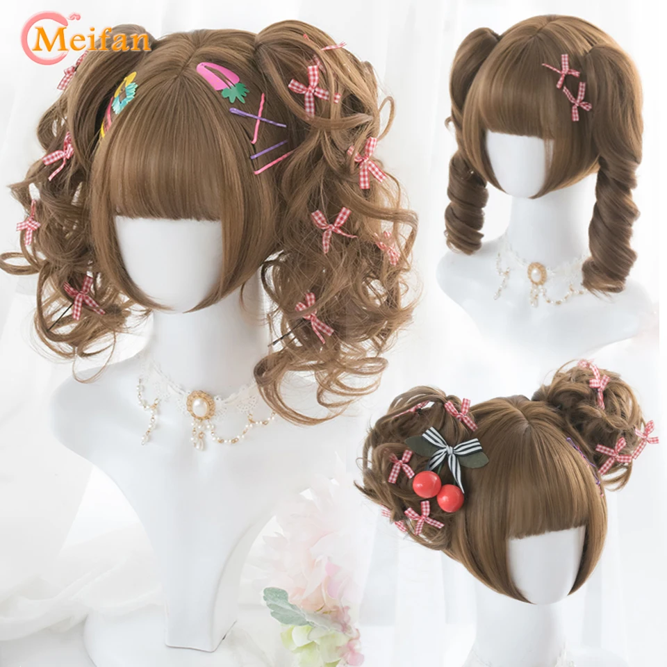 MEIFAN Synthetic Short Lolita Cosplay Christmas Halloween Bob Wig  Wave Female Wig with Ponytail Natural Fake Hair for Women