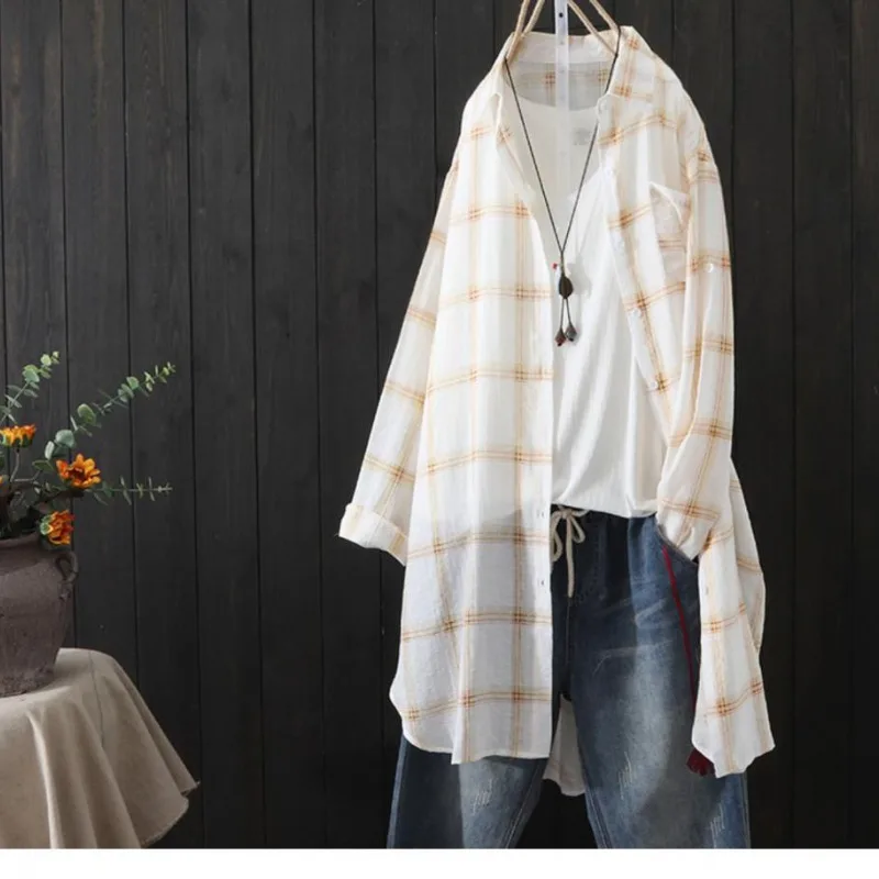 Korean Commuter Plaid Blouses Summer New Loose Sunscreen Clothing Women's Polo Neck Button Pockets Long Sleeve Mid-length Shirts