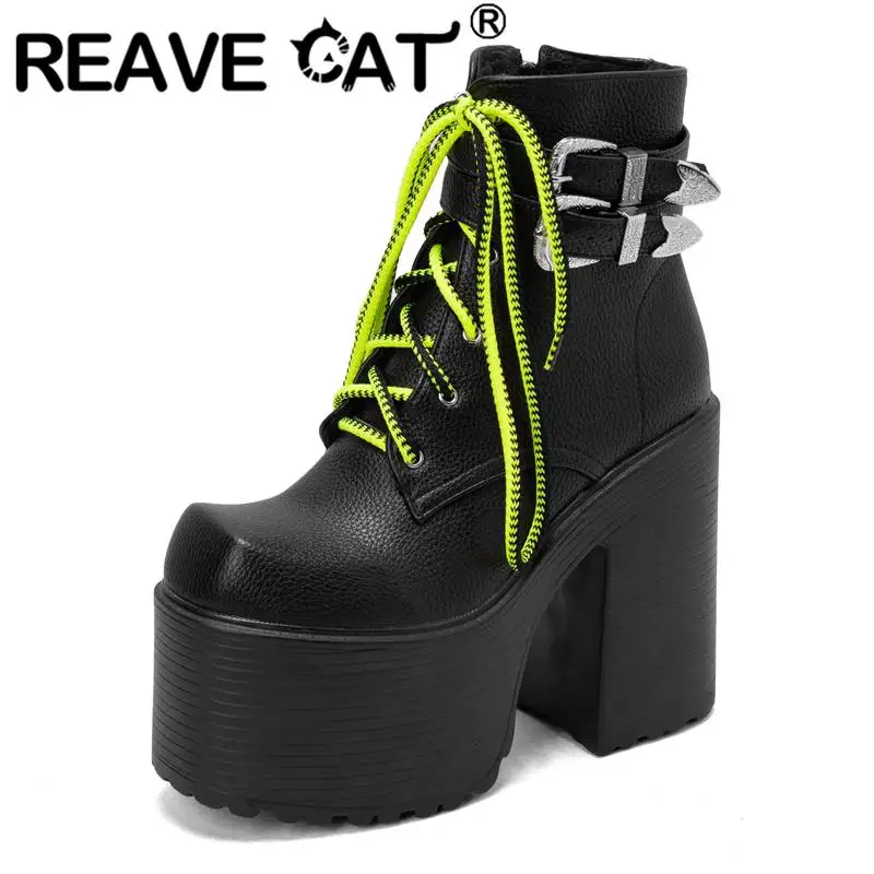 Reave Cat Gothic Boots Femmine Punta Quadrata Tacco Alto 14Cm Platform Hill 7.5Cm Zipper Lace Up Buckle Punk Stivaletto Verde