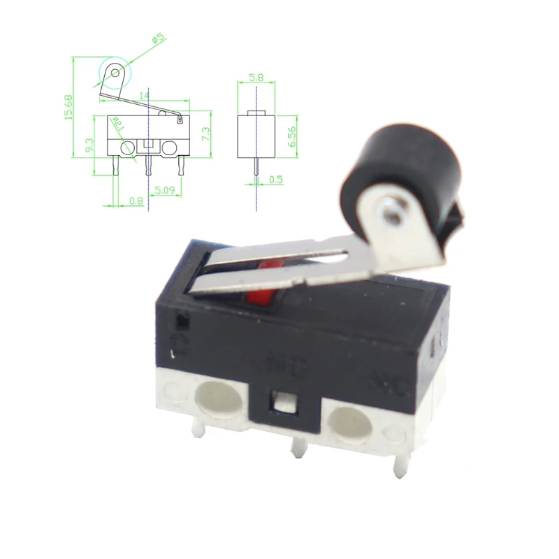 thumbnail image 1 of Interruptor de límite micro, pulsador momentáneo, 1 A, 125 V CA, interruptor de ratón, 3 pines, mango largo, brazo de palanca con rodillo SPDT, 12 x 6 x 6 mm, 1 of 5
