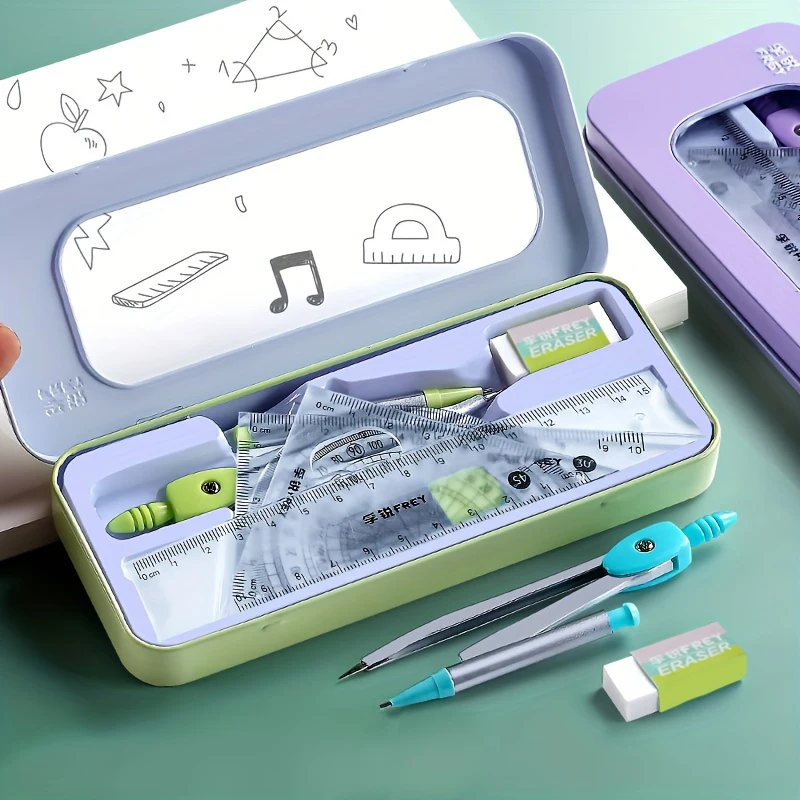 Ruler Set Compass Triangle Ruler School Supplies Simple Student Drawing Campus Stationery 7 Pieces/box