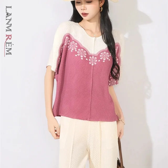 LANMREM Colorblock Printting Pleated Loose Women's T-Shirt Round Neck Casual Versatile Short Sleeve Elastic Pullover Top 2DB4506