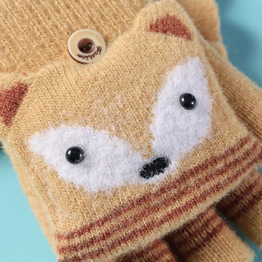 Autumn Winter Children Knitted Gloves Flip Fingerless Gloves Cute Cartoon Fox Warm Half-Finger