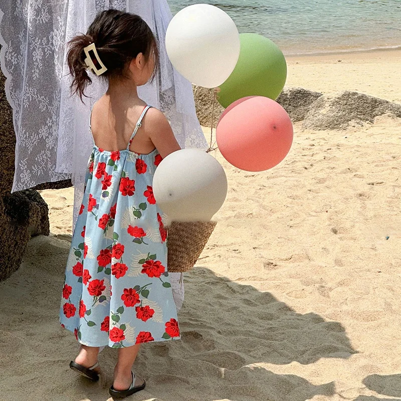여아용 민소매 해변 원피스, 한국 여름 원피스 소녀 홀터 원피스 폼멜 스커트, 3-8 세 어린이 원피스