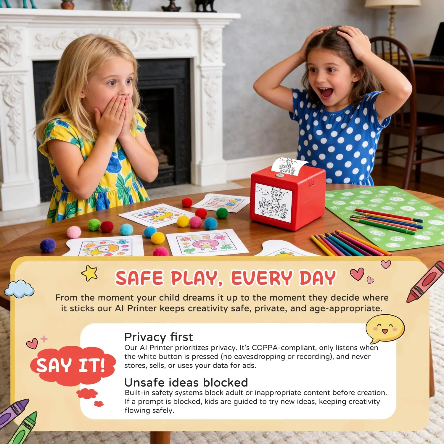 스마트 AI 음성 제어 잉크리스 감열 스티커 프린터 (어린이용 미니 포켓 사진 제작기, 펜 5개, 용지 4개 포함) DIY 공예 장난감 선물