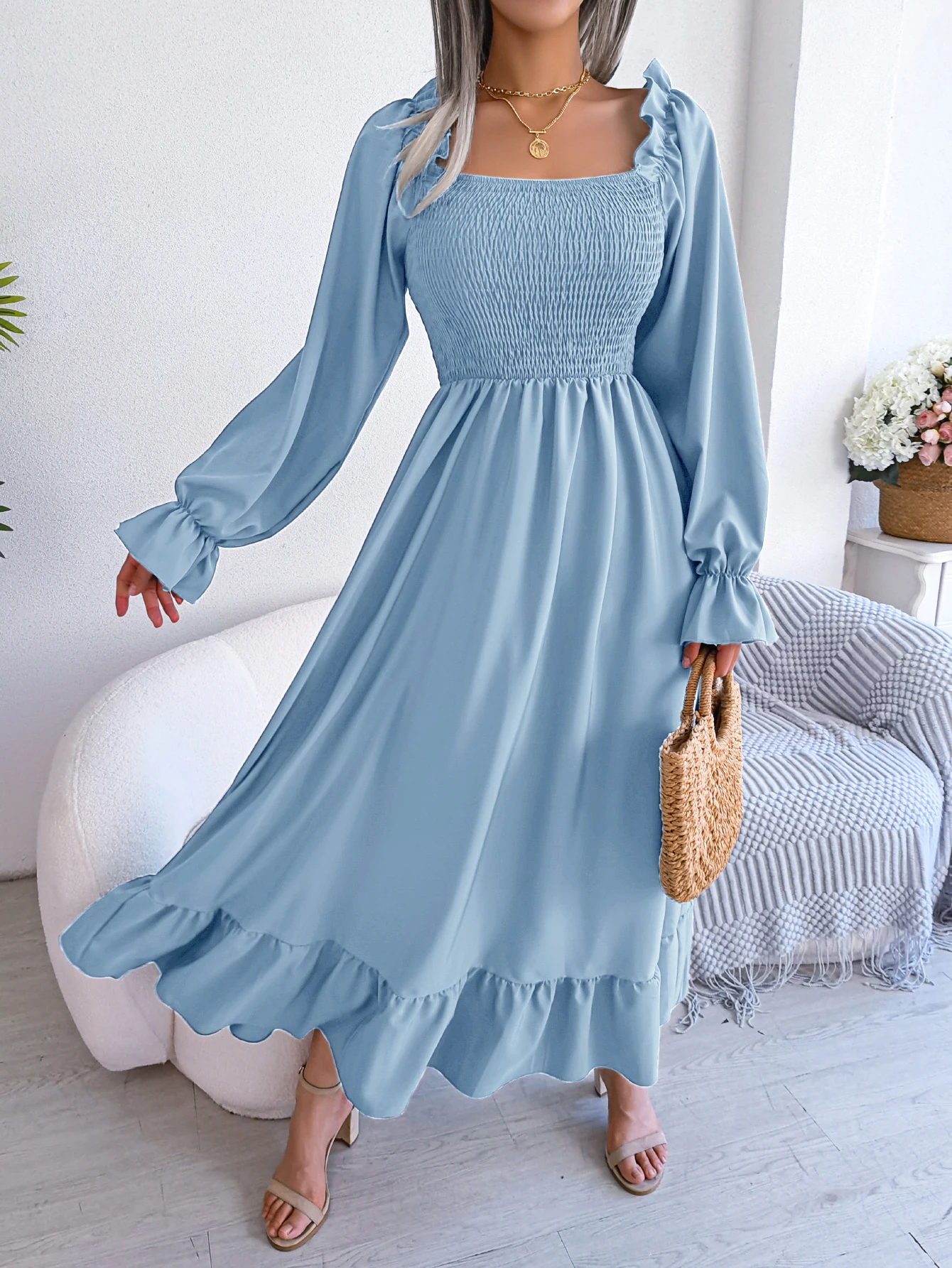 Autumn Casual Women Long Sleeve Ruffled Dress