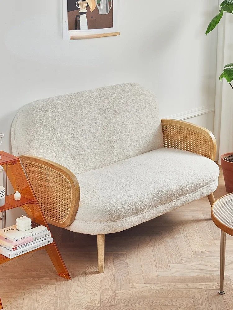 Nordic Mid-Ancient Solid Wood Rattan Double Sofa Small Apartment Home Japanese Living Room Leisure Chair Fabric