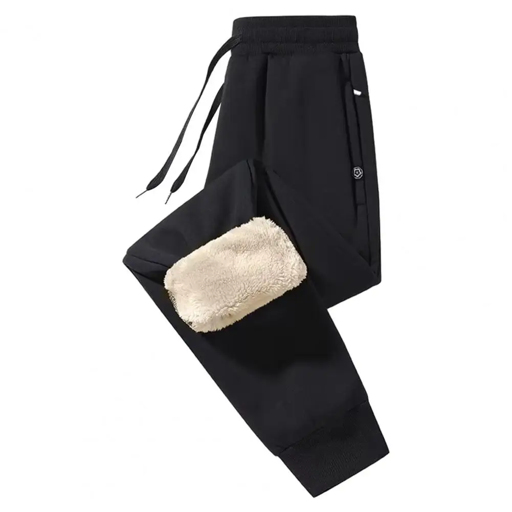 

Regular Fit Men Pants Reinforced Pocket Pants for Men Thick Plush Men's Winter Pants Drawstring Elastic Waist Zipper Pockets