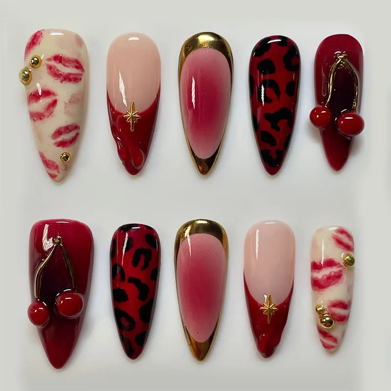 Red Almond False Nails Cherry Design