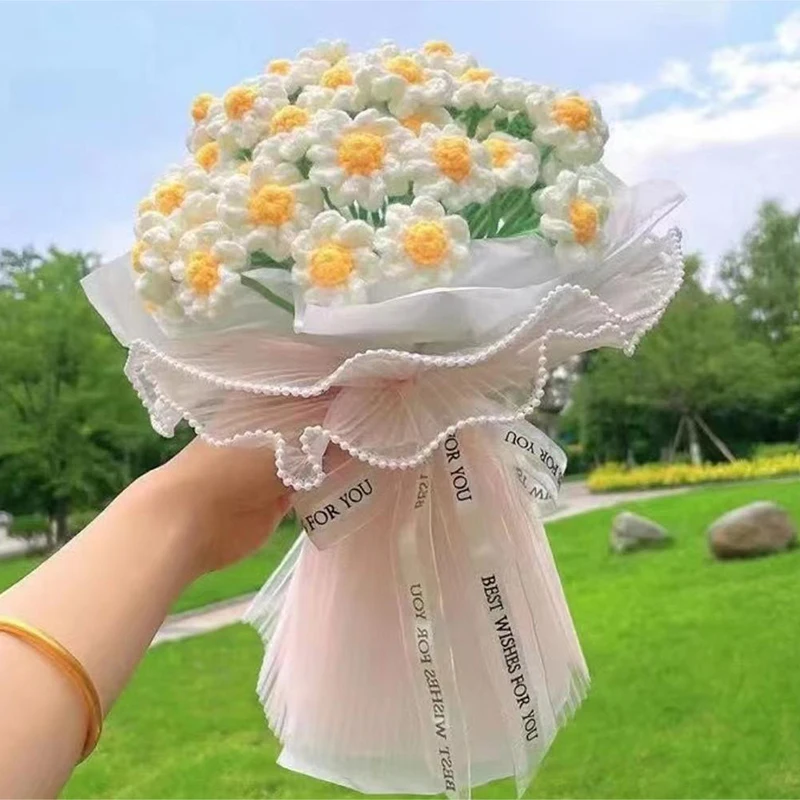 1pc Decorative Finished Artificial Daisy Flowers Hand-knitted Crochet Daisy Bouquet Wedding Handmade